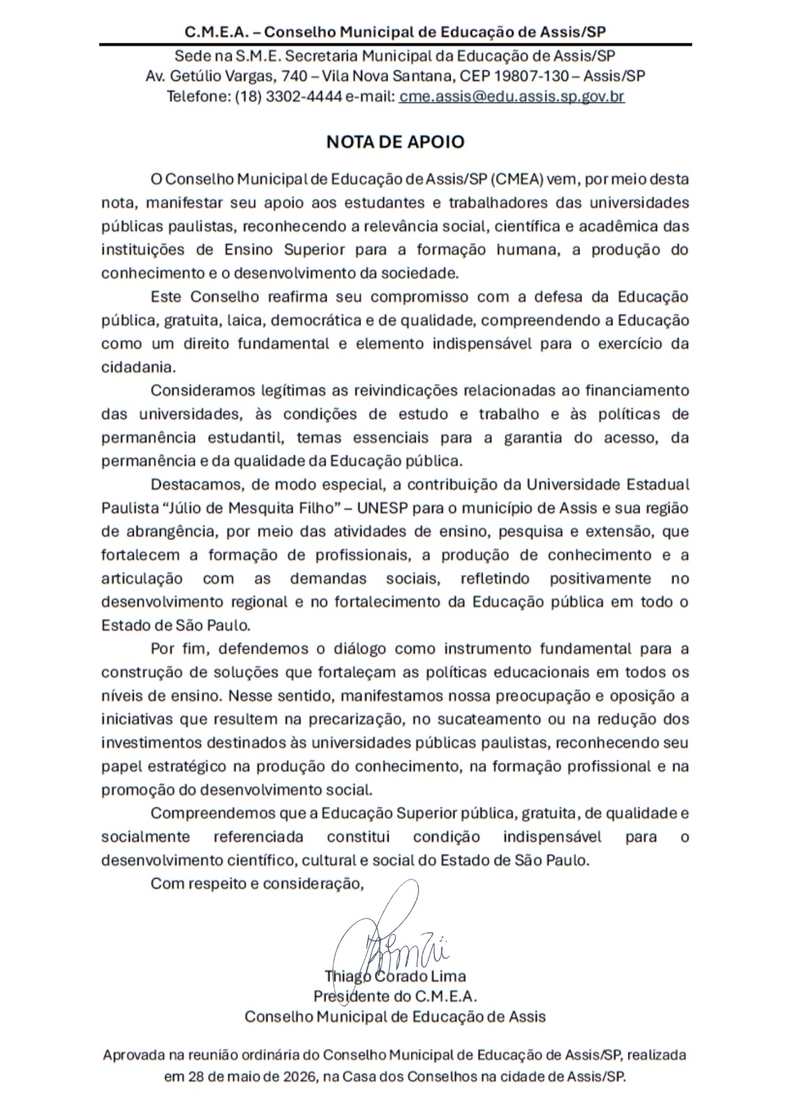 Nota do Conselho Municipal da Educação